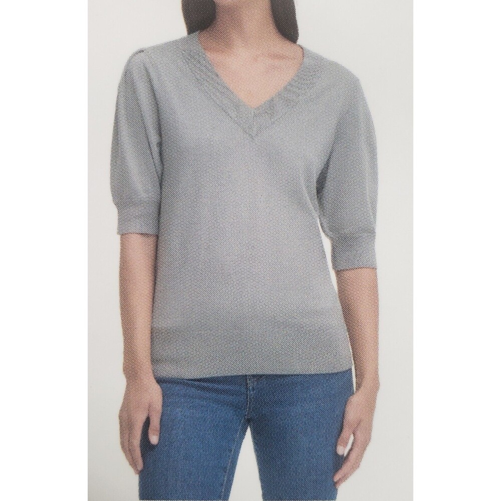 DKNY Women's Modern Fit V Neck Puff Sleeve Sweater